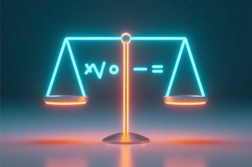 Abstract balance scale showing mathematical equilibrium with blue and orange neon lines