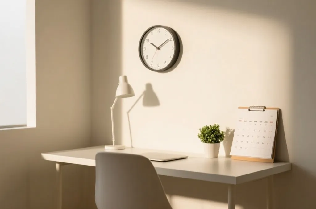 A clean, modern desk with a clock and a calendar representing time management and structured analysis