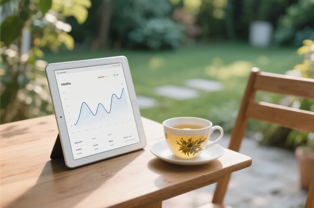 A relaxed morning scene with a cup of tea and a tablet showing simple charts, representing a balanced lifestyle